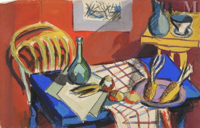 un tableau représentant une table sur laquelle est posée une coupe de fruits