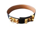 leather dog collar with gold pyramids and studs