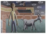 a painting of a man walking a goat on a leash