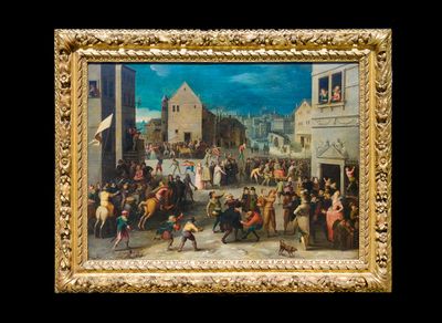 une peinture à l'huile représentant une scène de rue avec une foule de gens