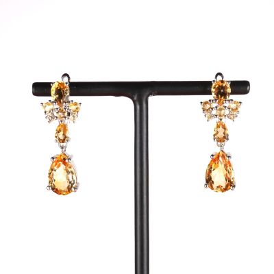 une paire de boucles d'oreilles posée sur un présentoir noir, sur fond blanc