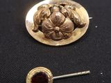 a close up of a gold brooch with a garnett on it