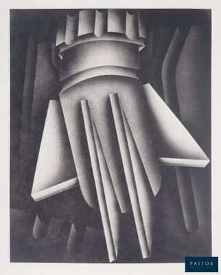 une photo en noir et blanc d'une œuvre d'art avec un bâtiment en arrière-plan