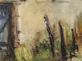a painting of a bird perched on a fence post