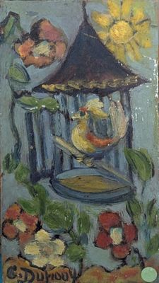 une peinture représentant un nichoir orné de fleurs et d'un oiseau