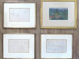 quatre photos encadrées représentant des fleurs, accrochées sur un mur en bois dans une pièce