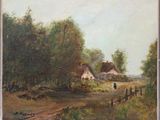 an oil painting of a farm scene with a person walking down the road