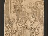 un vieux dessin représentant un homme tendant quelque chose à une femme