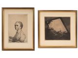 two framed drawings of a man and a woman
