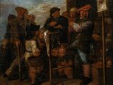 peinture d'un groupe de personnes assises autour d'une table dans une pièce