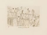 drawing of a group of men standing on a boat with a man on the deck