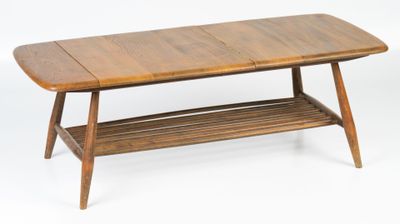 a wooden table with a shelf underneath it on a white background