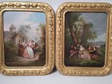 two framed paintings of a couple of people in a wooded setting