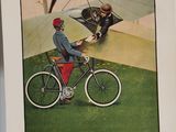une affiche représentant un homme à vélo avec un chien à l'arrière