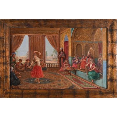 une image représentant un tableau où l'on voit une femme en robe rouge dans une pièce