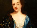 a painting of a woman in a blue dress sitting down