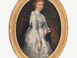 portrait of a woman in a white dress in a gold oval frame