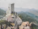 a painting of a castle on top of a mountain