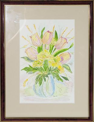 painting of a bouquet of flowers in a vase on a table