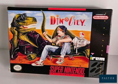 une boîte sur laquelle figure l'image d'un homme et d'une femme assis sur un dinosaure