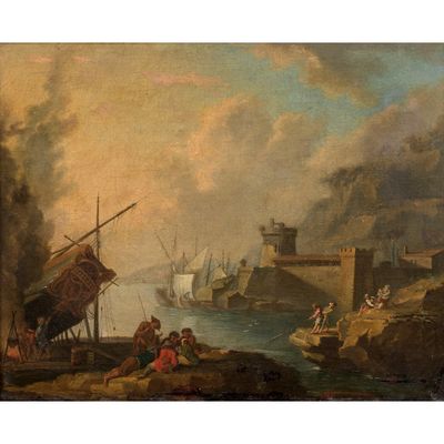 une image représentant une peinture d'une scène portuaire avec des bateaux sur l'eau