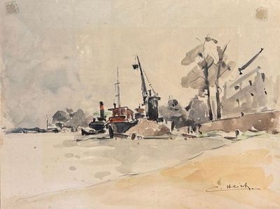 a watercolor painting of a ship in the water