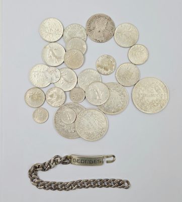 un bracelet en argent et quelques pièces de monnaie posés sur une surface blanche