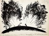 drawing of a black and white drawing of horses running on a hill with trees in the background