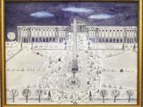 une peinture représentant un grand bâtiment avec une tour horloge au centre