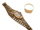 une image représentant une montre-bracelet et une bague sur un fond blanc