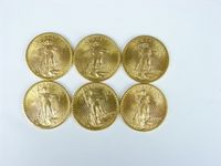 6 pièces de 20 dollars Saint Godens, 1908 (x2), 1922, 1924, 1927 et 19