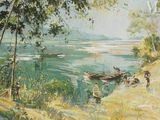 une peinture représentant un bateau sur l'eau avec des personnes à bord