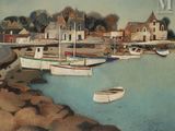 un tableau représentant des bateaux dans un port, avec une église en arrière-plan