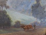 a painting of a man plowing a field with two cows