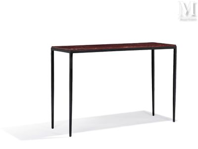 a wooden table with black legs and a wooden top