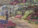 a painting of people walking through a flower market