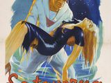 une vieille affiche de cinéma représentant un homme et une femme dans l'eau