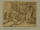 un vieux dessin représentant un homme et une femme dans un bateau avec un chien