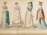 three women in fancy dresses, one wearing a hat and the other wearing a gown