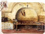 une peinture représentant une pièce avec un lit et une table