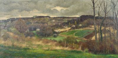 une image représentant un tableau représentant un paysage avec des arbres et un champ