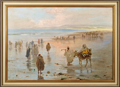 a painting of a group of people walking on the beach