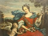 tableau représentant une femme en robe rouge tenant un oiseau et un enfant