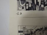 two sketches of a city with buildings and a clock on a wall