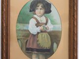 tableau représentant une petite fille en robe et avec un chapeau, tenant un sac