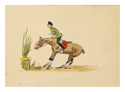 tableau représentant une femme à cheval en train de sauter par-dessus une haie