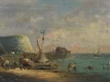 painting of a beach scene with boats and people on the shore