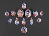 a group of rocks with pictures of jesus and other people on them