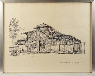 an ink drawing of a building in a frame on a wall
