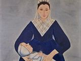 tableau représentant une femme en robe bleue tenant un bébé dans un berceau